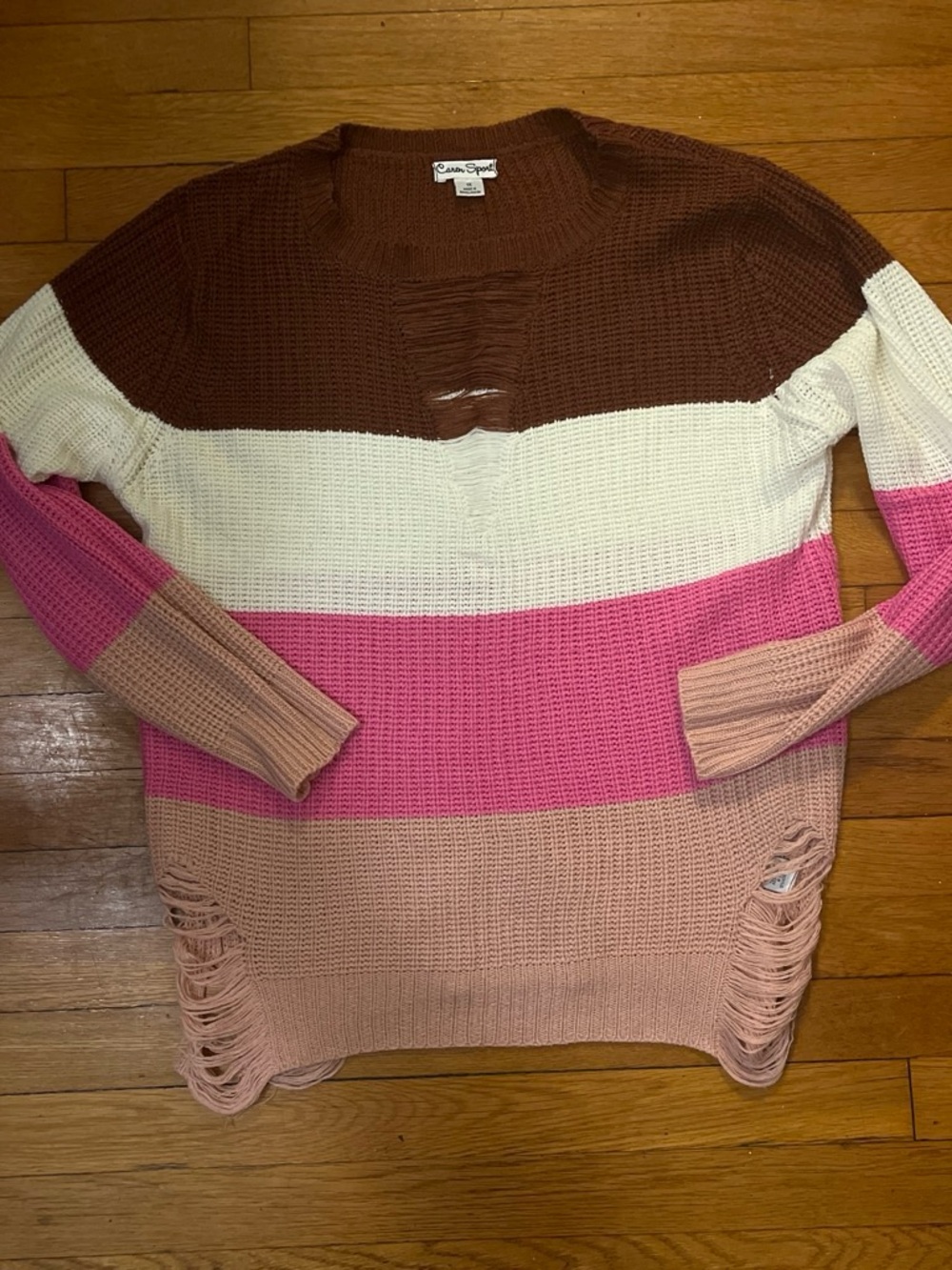 Caren Sport Brown White Pink Tan Striped Distressed Crew Sweater
